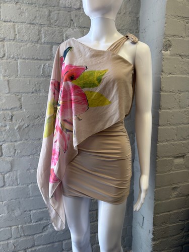 Asymmetrical beige mini dress - asymmetrical,